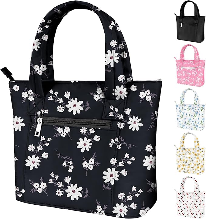 Tote Lunch Bag Women Stylish Quilted Lunch Boxes for Adult Fit and Fresh Cooler Insulated Lunchbox for Work Large 10 Liters Cute Compact Lunchbag Waterproof Black Floral