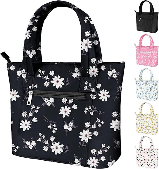 Tote Lunch Bag Women Stylish Quilted Lunch Boxes for Adult Fit and Fresh Cooler Insulated Lunchbox for Work Large 10 Liters Cute Compact Lunchbag Waterproof Black Floral