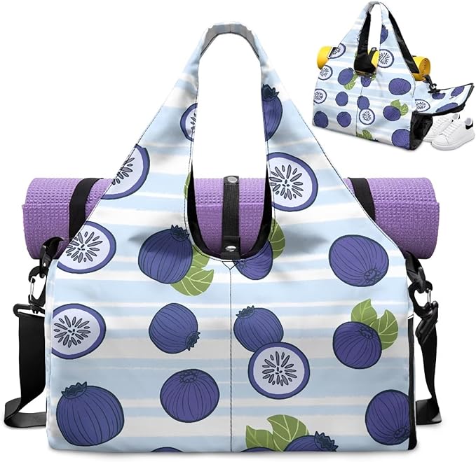 Blueberry Print Womens Gym Bag with Yoga Mat Holder and Shoe Compartment, Waterproof Portable Blue Sport Tote Bag for Women with Spacious Wet Pockets Gym Bag for Daily Use