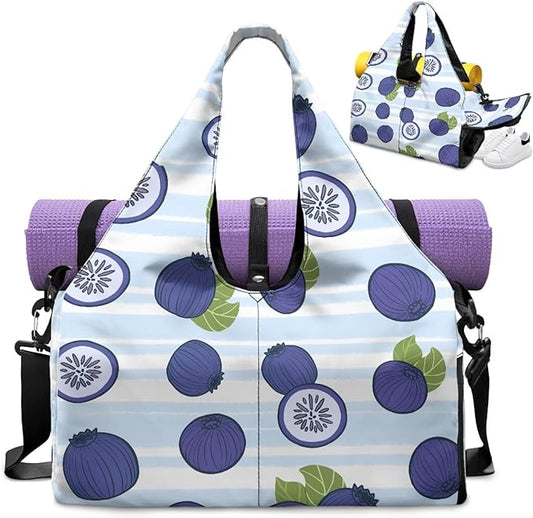 Blueberry Print Womens Gym Bag with Yoga Mat Holder and Shoe Compartment, Waterproof Portable Blue Sport Tote Bag for Women with Spacious Wet Pockets Gym Bag for Daily Use