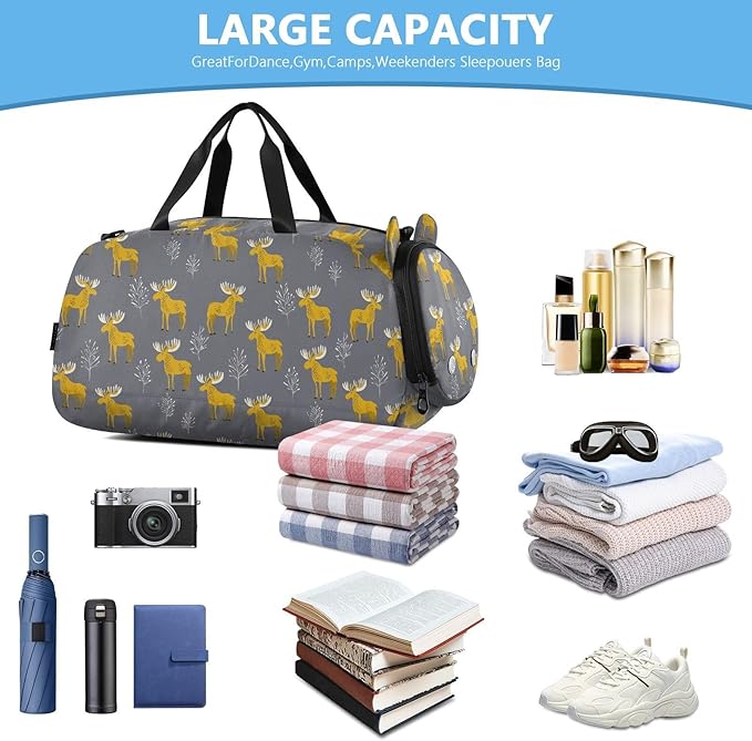Wildlife Moose Yellow Gray Boy's Gym Duffel Bag with Shoes Compartment Large Capacity Weekend Travel Bag for Travel, Sports, Fitness & Workout bolso para gym mujer