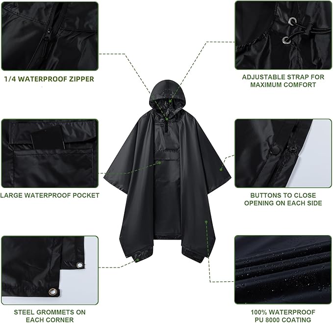 Hooded Rain Poncho for Adults - Waterproof Rain Coat and Lightweight Jacket 3-in-1 Multi-Function with Pockets