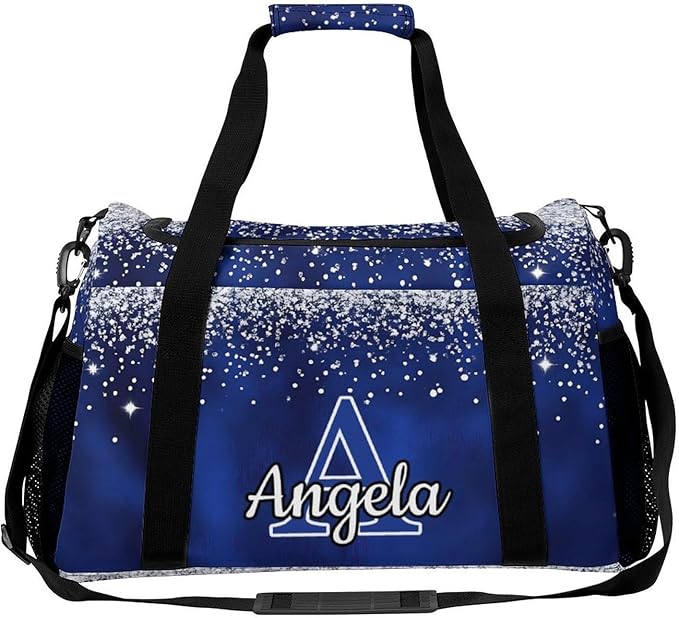 Navy Blue Bling Print Personalized Duffel Sports Bag with Name Custom Weekender Overnight Bag Gym Bag Travel Duffel Bag