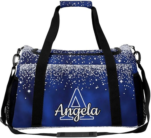 Navy Blue Bling Print Personalized Duffel Sports Bag with Name Custom Weekender Overnight Bag Gym Bag Travel Duffel Bag