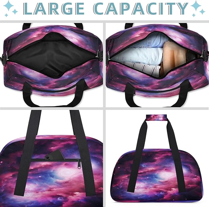 Pink Purple Nebula Print Sports Duffel Bags, Water-Resistant Gym Duffle Bag for Men Women, Lightweight Weekender Overnight Bag for Fitness, Workout, Travel