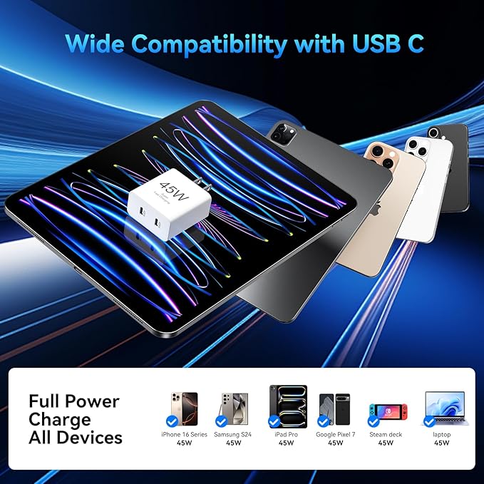 Phone 17 Charger Fast Charging, 45W Dual USB C Charger Block,USB C Wall Chargers with 6.6FT Long USBC Charging Cable Cord for Phone 17 16 15 Pro Max/17 16 15 Pro/Plus,Pad Pro/Air,S25/S24-White