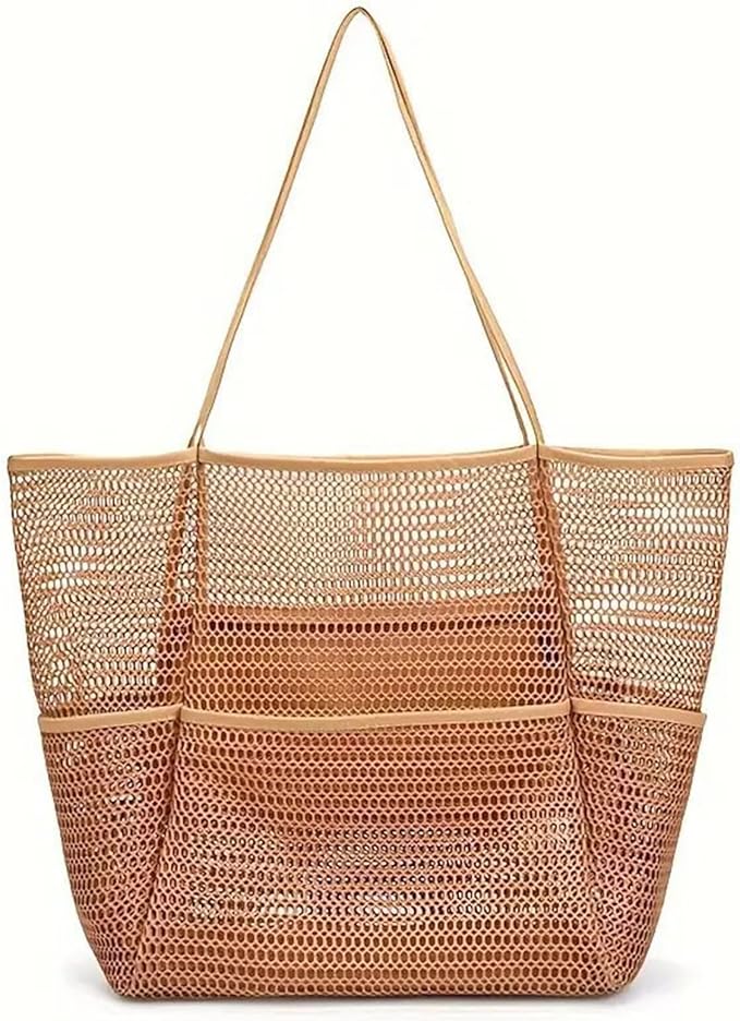 Large Beach Bags for Women, Mesh Beach Tote with Zipper, Foldable Pool Tote Bag Travel Beachbag Waterproof Sandproof