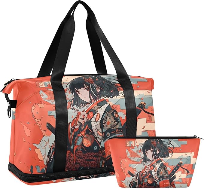 AIXIWAWA Duffel Bags Set Anime Samurai Red Print for Gym Travel with Shoes Compartment Large Capacity