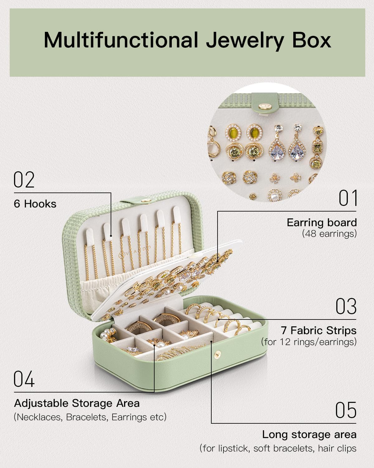 Vlando Travel Jewelry Case, PU Leather Travel Jewelry Box with Earring Holder, Portable Display Small Jewelry Box for Mothers Day Women Girls Gift - Green