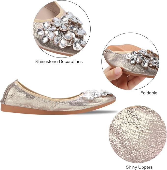 KUNWFNIX Women Ballet Flats Rhinestone Wedding Ballerina Shoes Foldable Sparkly Comfort Slip on Flat Shoes