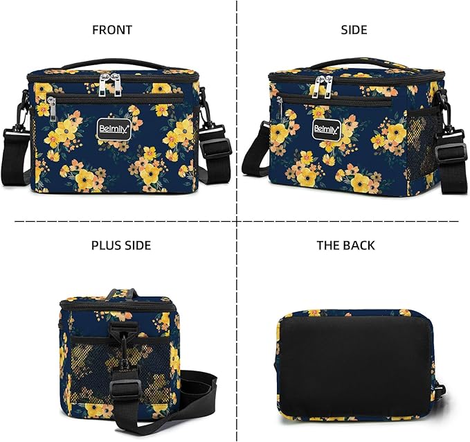 BEIMILY Lunch Box for Men/Women, Small Insulated Lunch Bag, Leak-Proof Soft Cooler Tote Bag, Reusable LunchBox for Work, Travel,Picnic with Adjustable Shoulder Strap for Adults(floral yellow)