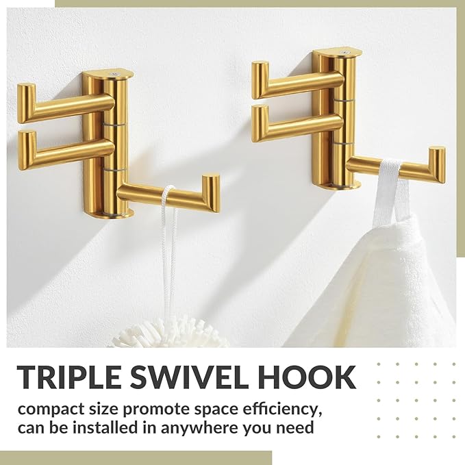 APLusee Brushed Gold Swivel Towel Hook 2 Pack, 304 Stainless Steel Triple Clothes Hook, Wall Mount