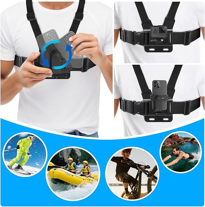 Chest Harness Head Strap Cell Phone Clip Kit for POV, VLOG, Compatible for iPhone, Samaung, GoPro Hero, Insta360, AKASO, DJI Osmo, SJCAM and Other Action Cameras