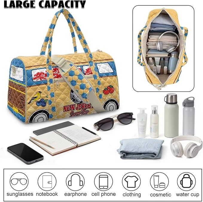 COEQINE Quilted Duffle Bag For Men Travel Quilted Tote Bag Large Car New Jersey Van Car on Yellow Print Overnight Luggage Bag with Trolley Sleeve