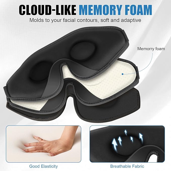 Sleep Eye Mask for Men Women,Zero Pressure 3D Blackout Eye Mask for Sleeping,Eye Covers with Adjustable Strap,Soft Breathable Travel Sleep Mask for Airplane,Includes Ear Plugs(Black)