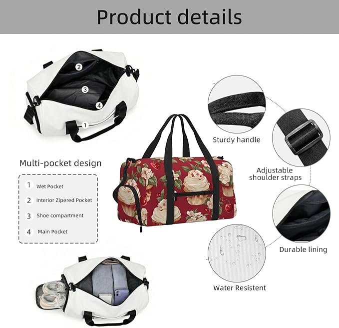Sports Gym Bag Flowers Floral Small Cakes Travel Duffel Bag With Shoe Compartment Shoulder Strap, Lightweight Water-Resistant Weekend Overnight Totes For Women Men