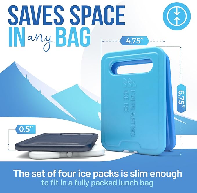 Reusable XL Slim Ice Packs for Lunch Boxes with Handle (4 Pack) BPA Free Freezer Packs | 6.5 x 4.5 in | Long Lasting Ice Pack for Insulated Bags, Picnic, Travel, and More