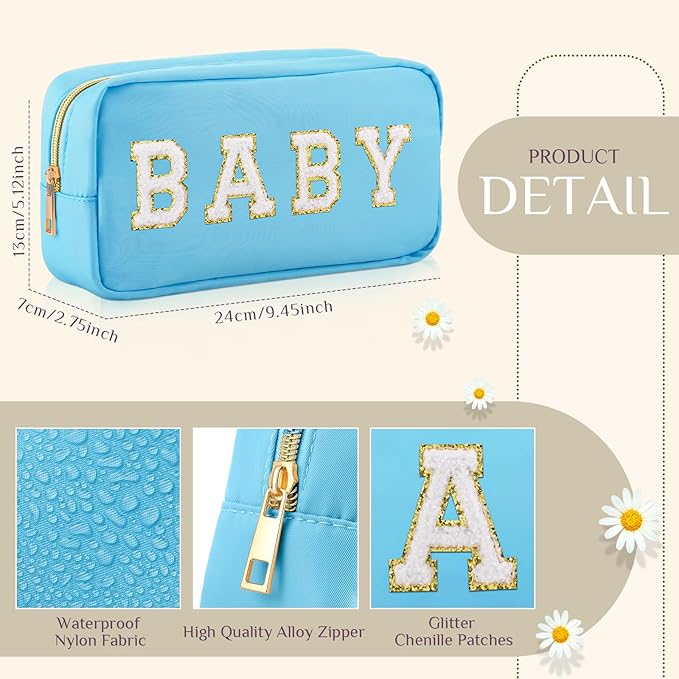 Sanwuta 2 Pieces Mama Gifts Makeup Bag Mom Pouch Birthday Gifts Nylon Cosmetic Bag Mothers Day Appreciation Toiletry Preppy Patch Chenille Letter for Women Her New Mom(Blue, Beige,Baby and Mama)
