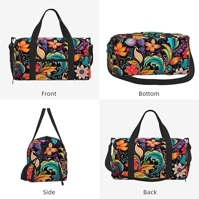 Sports Gym Bag Colorful Paisley Flower Floral Patten Travel Duffel Bag With Shoe Compartment Shoulder Strap, Lightweight Water-Resistant Weekend Overnight Totes For Women Men