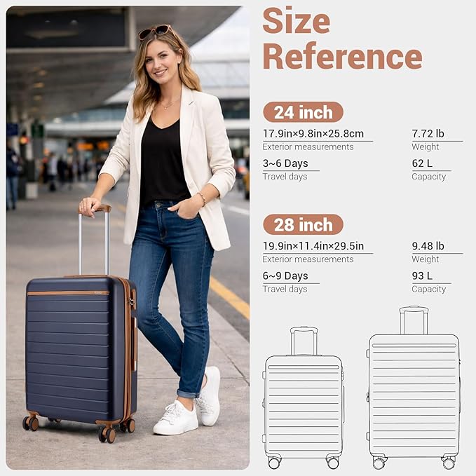 Kono 24 Inch Check In Suitcase Expandable Luggage, Business Travel Suitcase for 5-7 Days, Durable ABS+PC Hardshell with Side Handles & Kick Plates, Double Spinner Silent Wheels, Navy/Brown