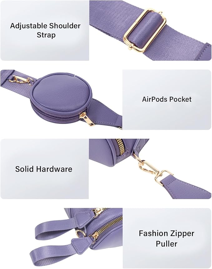 Valentoria Large Leather Crossbody Bags for Women Bum Bag Sling Bag Purse With Adjustable Strap Detachable Wallets (Cloudy Purple)