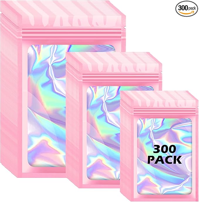 300 Pcs Holographic Mylar Bags, 3 Size Smell Proof Bags with Clear Window Foil Pouch Bags Resealable Bags for Small Business and Food Storage, Pink