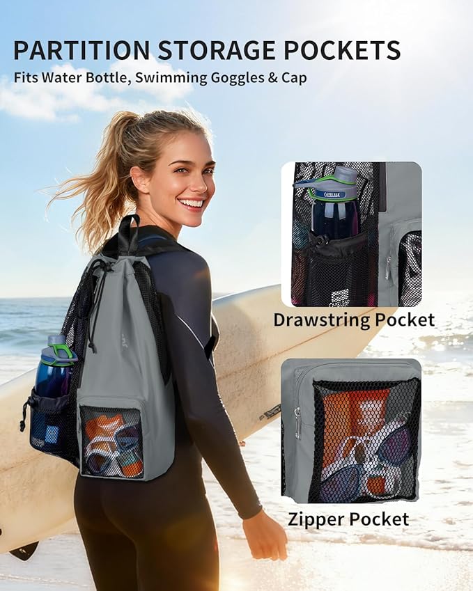 WANDF Swim Bag Mesh Drawstring Backpack with Wet Pocket for Swimming, Gym, and Workout Gear