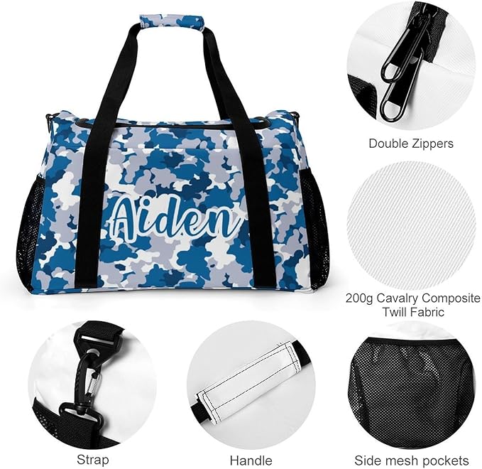 Blue Grey Camouflage Camo Pattern Shoe Bag Waterproof Travel Bag Duffel Bag Adjustable Shoulder Strap Perform Training for Women Men Casual Bag