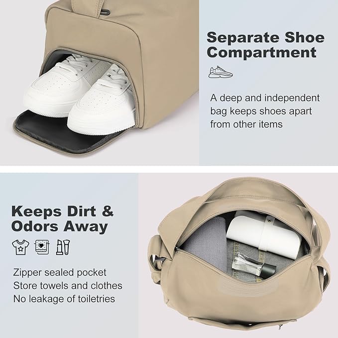 Women's Mini Gym Bag Crossbody, Everyday Sling Duffel with Shoe Compartment & Wet Pocket, Water-Resistant Travel Bag, Khaki