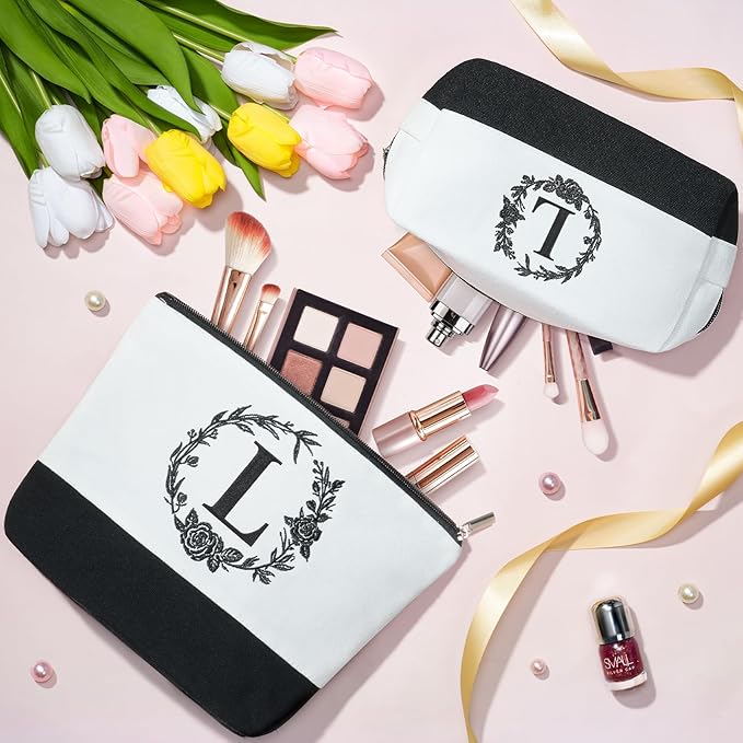 Personalized Gifts for Women, Initial Canvas Tote Bag & Makeup Bag Monogrammed Beach Tote Bags for Women w/Zipper, Easter Gift Bags Mothers Day Birthday Gifts for Mom Her Sister Best Friend Teacher