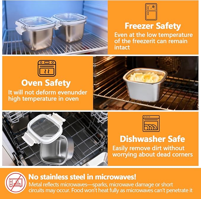 3 Pack Stainless Steel Food Storage Containers with Lids - 15.22 oz Small Snack Boxes & Lunch Containers, Shatterproof Leakproof Freezer Safe Meal Prep Containers for Portioning Snacks, Dips
