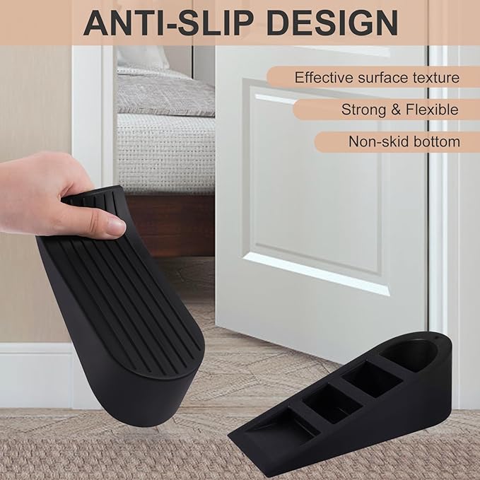 Big Door Stoppers for Bottom of Door on Floor, Premium Big Rubber Door Stop Wedge, Floor Sturdy Stackable Door Stops for Carpet Heavy Duty Door, Door Gaps (Big 2 Pack, Black)