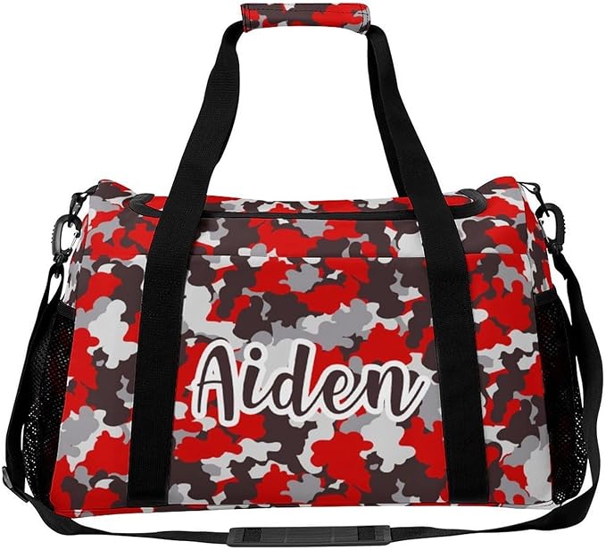 Personalized Red Camouflage Brown Camo Pattern Duffle Bag with Name for Women Man Custom Travel Perform Training Bag for Men Women Luggage Bag