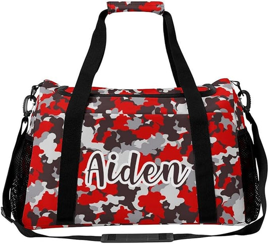 Personalized Red Camouflage Brown Camo Pattern Duffle Bag with Name for Women Man Custom Travel Perform Training Bag for Men Women Luggage Bag