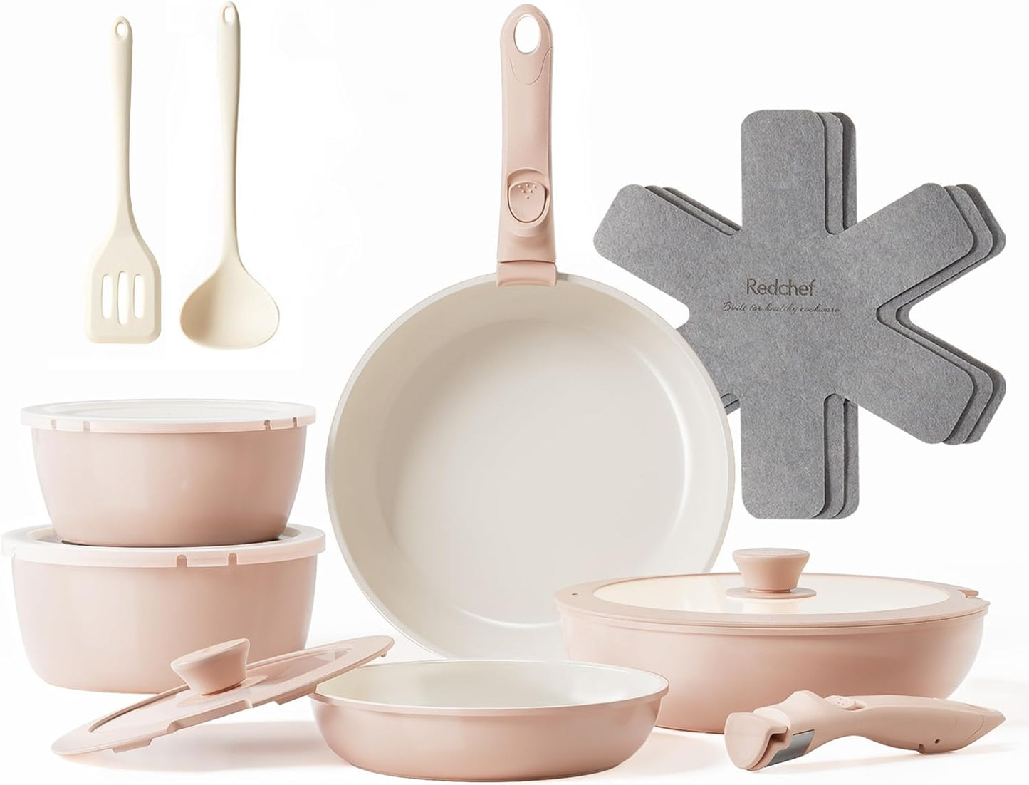 Redchef 16pcs Ceramic Pots and Pans Set Non Stick, Nonstick Kitchen Cookware Set with Detachable Handle, Non Toxic, PFAS PFOA & PTFE Free, RV Cookware Set for Camping, Dishwasher/Oven Safe (Pink)