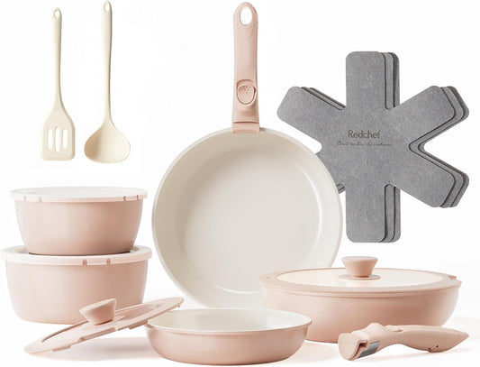 Redchef 16pcs Ceramic Pots and Pans Set Non Stick, Nonstick Kitchen Cookware Set with Detachable Handle, Non Toxic, PFAS PFOA & PTFE Free, RV Cookware Set for Camping, Dishwasher/Oven Safe (Pink)