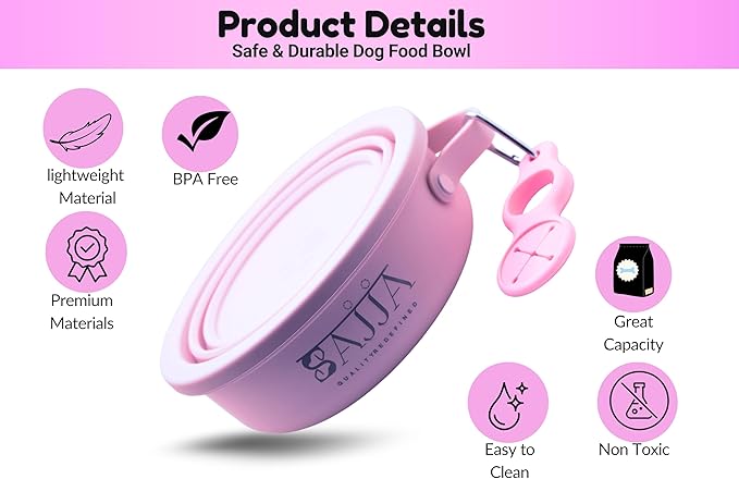 3-in-1 Travel Dog Bowl Set – 30 OZ Stainless Steel + 20 OZ Collapsible Water Bowl Lid | BPA-Free, Anti-Slip, Portable Dog Bowl w/Handle/Water Bottle Holder with Carabiner | Pink Bowls