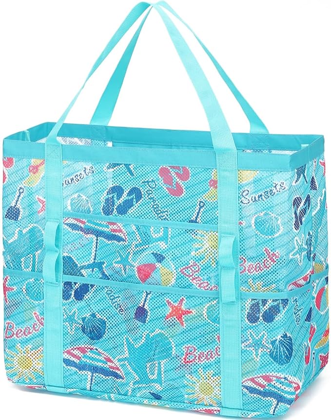 Mesh Beach Bag, Large Beach Tote with Zipper Pocket, Toys Pool Bag for Family Travel Vacation Cruise Essentials