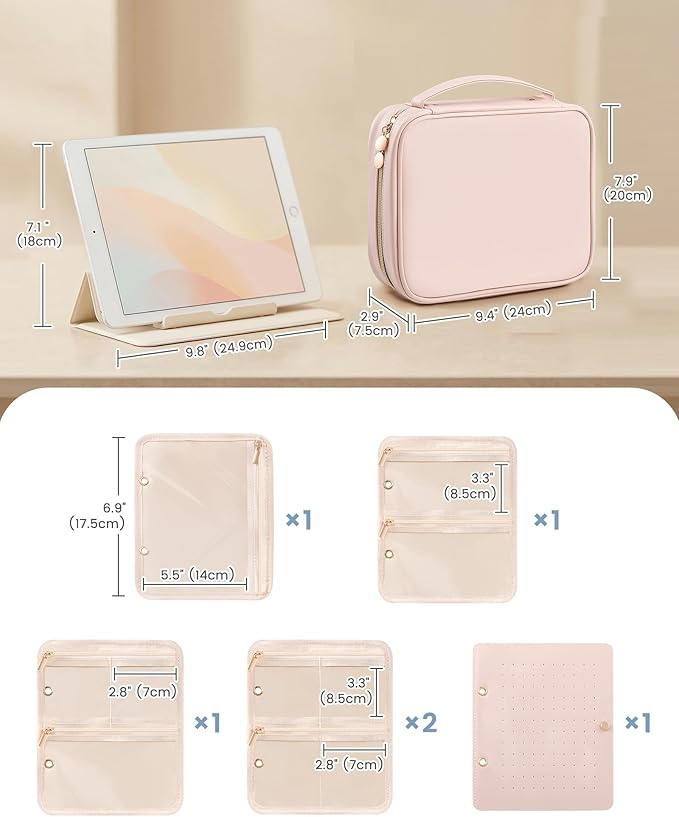 Lolalet Travel Jewelry Organizer Case, Large Jewelry Binder Book with Individual Pouches, Portable Leather Zippered Bag for Jewelry Storage of Earring, Ring & Necklace for Girls, Women -Apricotpink