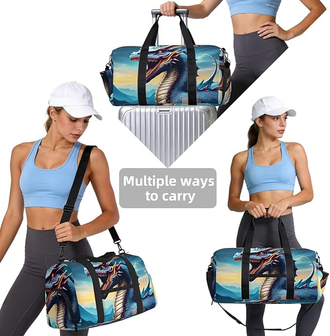 Roaring Dragon Print Gym Bag with Shoe Compartment for Women Men, 17.7in Sports Duffle Weekender Tote, Overnight Travel Duffel Bag Carry On