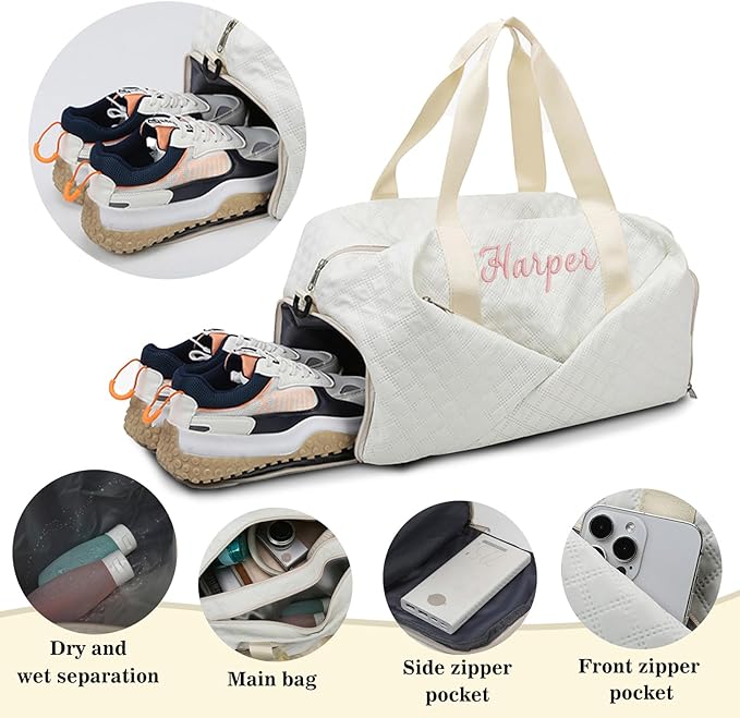 Personalized Travel Duffle Bag for Women with Embroidered Name Custom Sport Gym Weekender Overnight Carry On Tote Luggage Bag with Shoe Compartment Dance Bags for Girls Customized Gifts Lake Blue