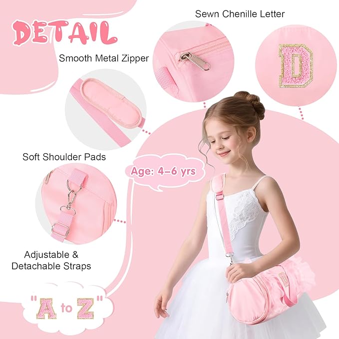 Personalized Initial Dance Bag for Girls 4-6, Small Lace Gym Sport Yoga Cheer Dance Bags Gift for Teen Girls, Cute Letter Kids Ballet Bag Toddler Travel Duffel Tote with Adjustable Straps(Pink-D)