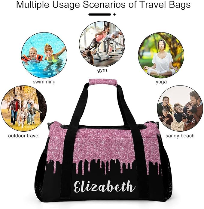 Pink Black Sparkle Glitter Print Waterproof Duffel Bag Gym Dance Sport Perform Training Bag for Teens Adults Women Men Handheld Crossbody Travel Bag