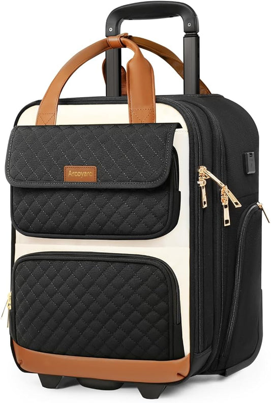 Underseat Carry On Luggage with Wheels, Airline Approved Personal Item Luggage, 16-Inch Multi-functional Underseat Luggage, Lightweight Overnight Suitcase for Women, Bussiness, Travel, Beige Brown
