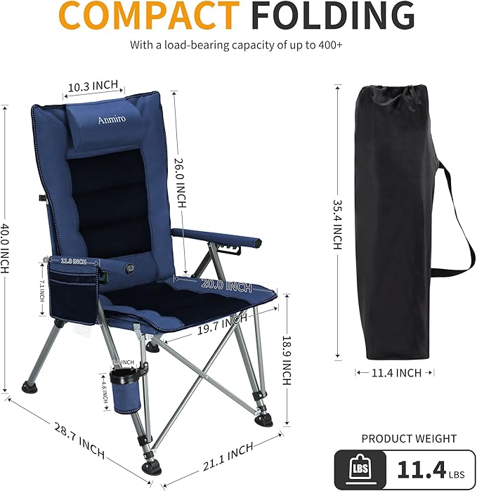 Folding Camping Chair with Cup Holder and Storage Bag, Heavy Duty Support 400 LBS, Oversized Collapsible Portable Adjustable Back Support Camping Chair for Outdoor (Adjustable-Blue)