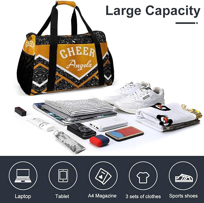 Custom Multifunctional Duffel Bag with Name Gym Bags Adjustable Shoulder Strap Travel Bag for Teens Cheerleadings Orange Black Glitter Print Casual Bag