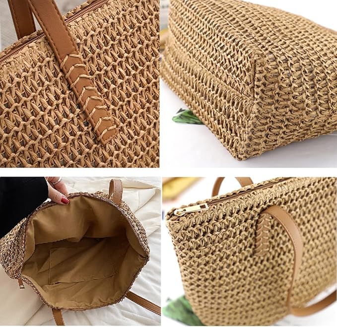 Large Straw Beach Bag for Womens, Straw Handbag Woven Tote Bag With Zipper Summer Shoulder Bag