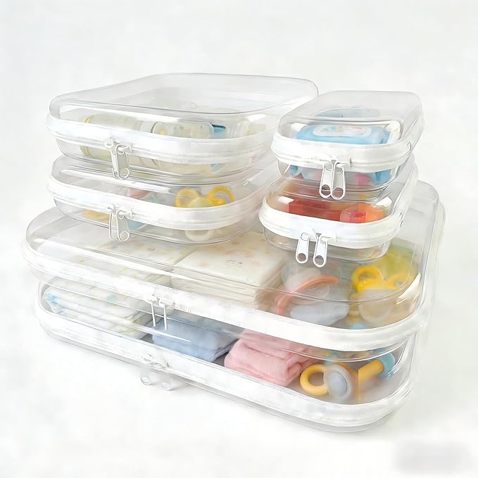 6Pcs/2L+2M+2S Clear Hard Shell Zippered Travel Case – Plastic Organizer Pouch for Toiletries, Cosmetic Bag, Diaper Bag & Packing Accessories (White, Set D)