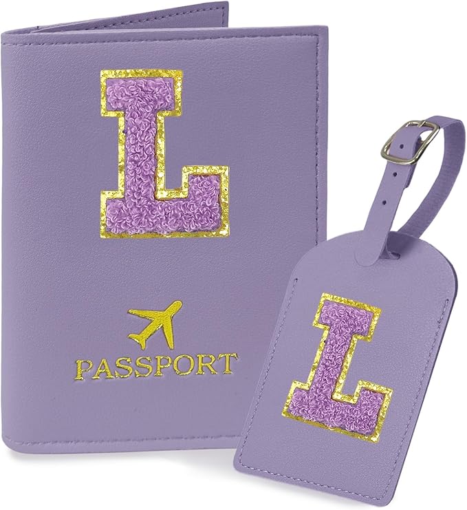 COSHAYSOO Initial Passport Cover Luggage Tag Set Letter Passport Holder Airplane Cruise Travel Essentials Vacation Traveling Accessories Personalized Gifts for Women Teen College Girls Purple L