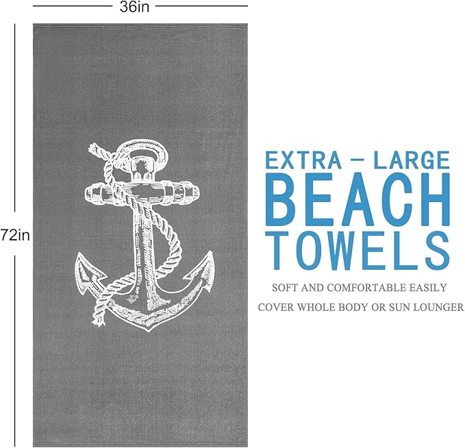 Genovega Oversized Terry Beach Towel 36 x 72 in Soft Extra Large Big Pool Swim Towels for Adults XL Clearance Big Travel Blanket Cruise Accessories Essentials Lounge Chair Cover Anchor Grey